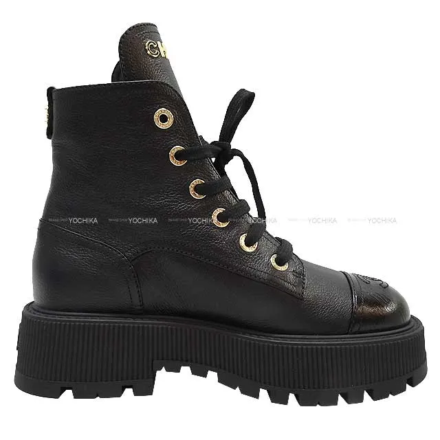 2023 AW CHANEL boots Short boots Lace-up COCO Mark Logo Noir (Black) Graind Calf(Caviarskin) /Shiny Calf #37.5 Champagne Gold HW G45124[EXCELLENT][Authentic]