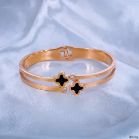 Black Dual Clover Flower Cubic Zirconia 18K Rose Gold Stainless Steel Kada for Women