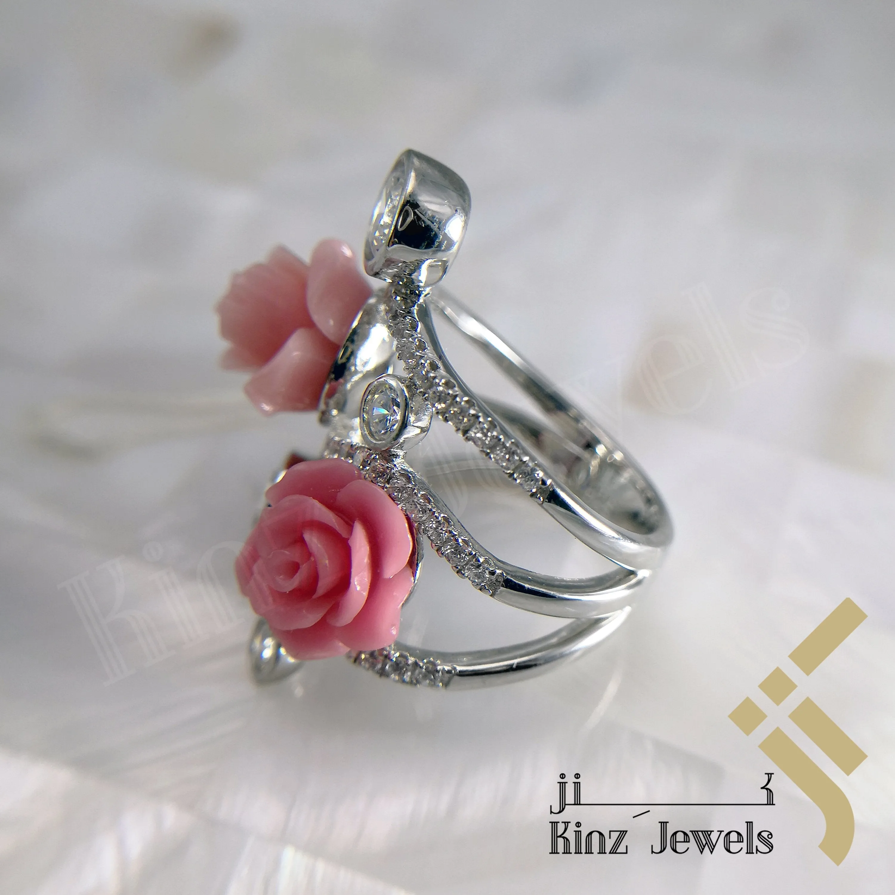Handcrafted Sterling Silver Two Rose Coral Flower & Zircon Ring