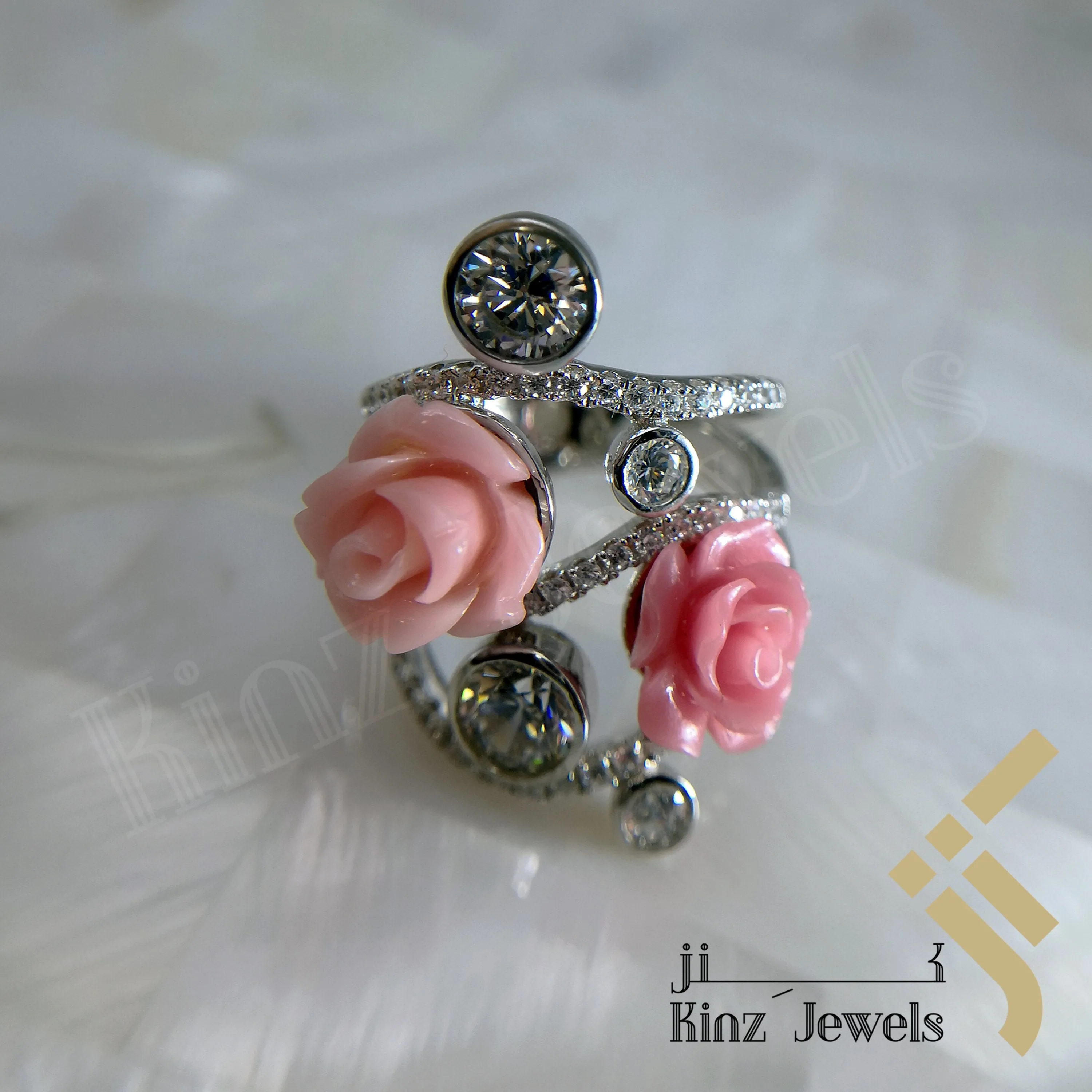 Handcrafted Sterling Silver Two Rose Coral Flower & Zircon Ring