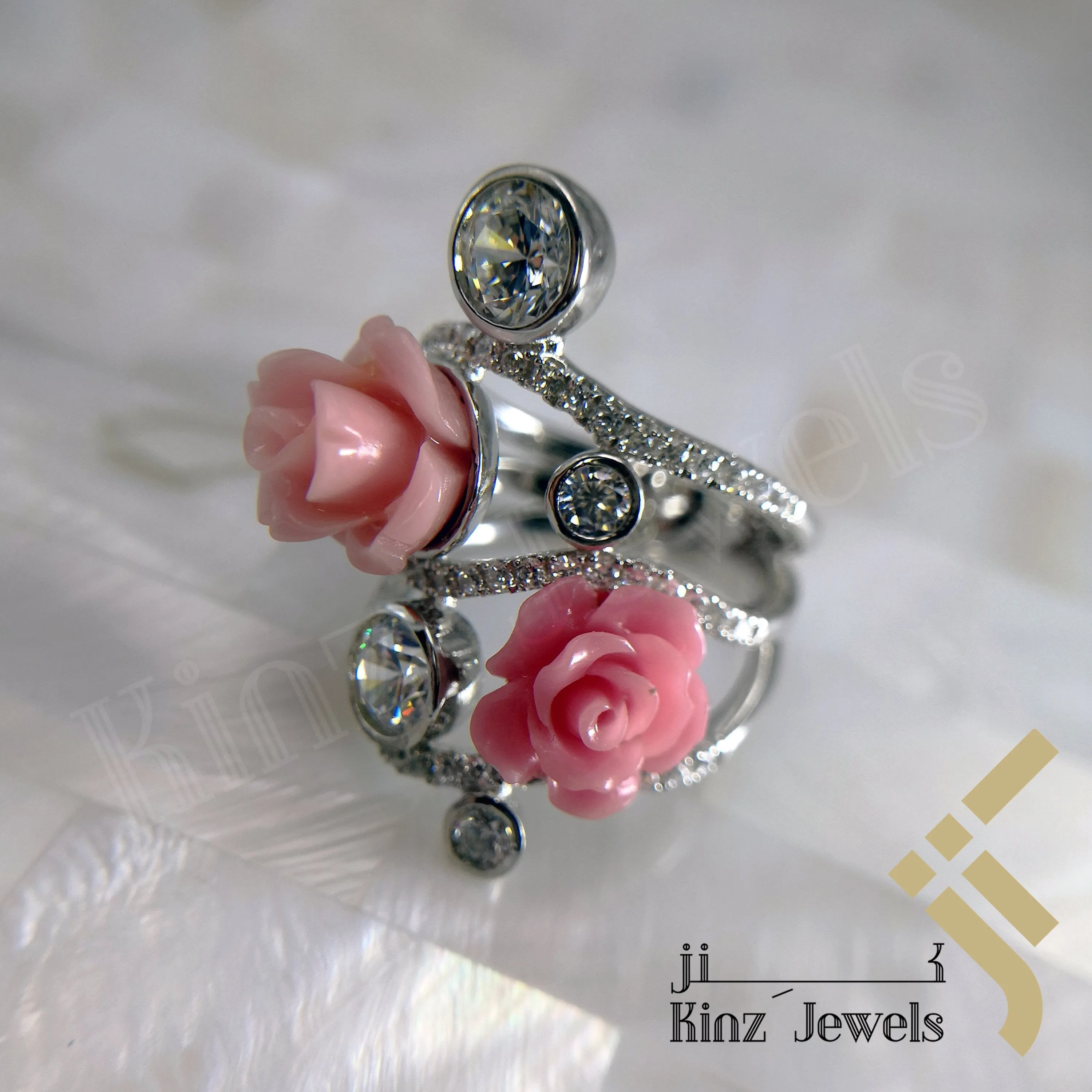 Handcrafted Sterling Silver Two Rose Coral Flower & Zircon Ring