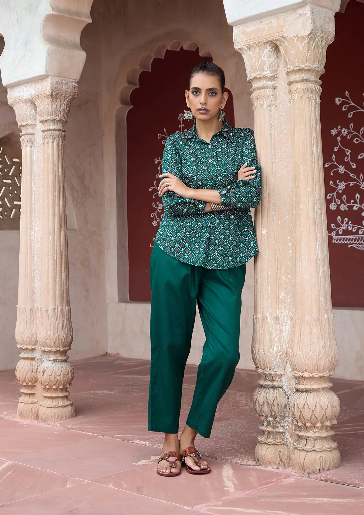 HOC Crafts Glazed Cotton Hand Block Printed with Hand Embroidery Women's 2 PC Co-ord Set - Dark Green