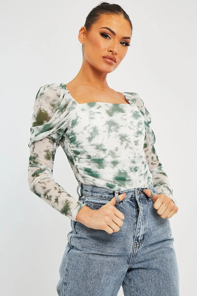 White Green Marble Puff Sleeve Bodysuit - Deana